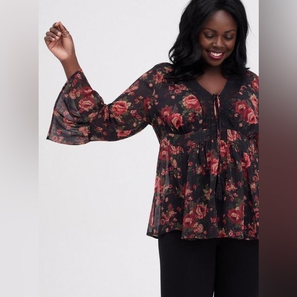 Torrid Babydoll Chiffon Lurex Crochet Lace-Up Sheer Blouse, Black Red Floral, 1X - Picture 9 of 14
